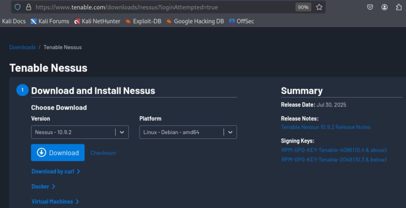 Página oficial de descargas de Nessus (selección de versión y plataforma)