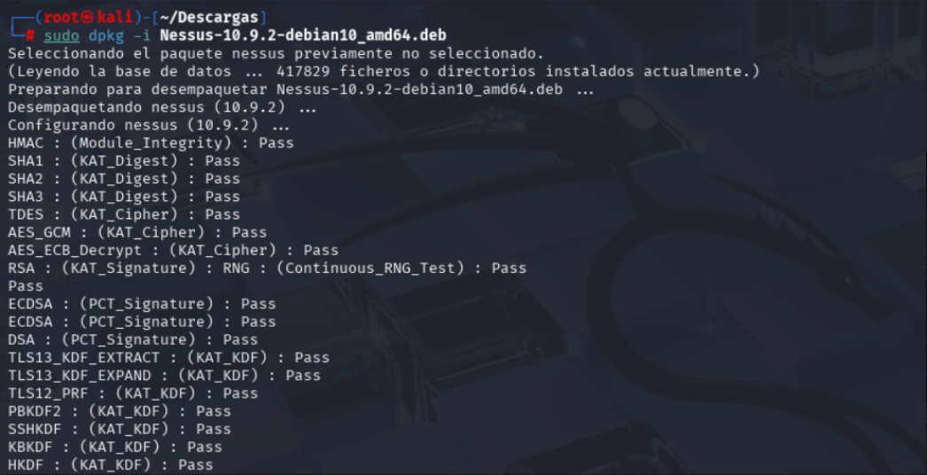 Instalación con dpkg mostrando tests criptográficos OK