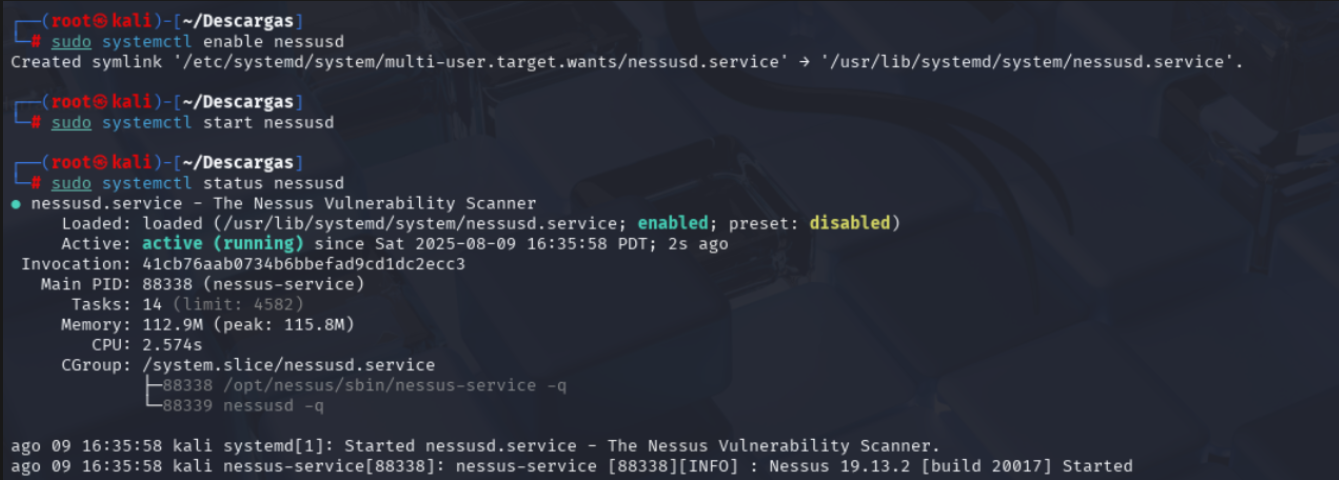 Systemctl enable/start/status de nessusd activo