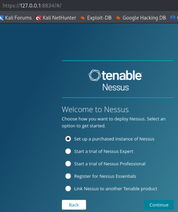 Pantalla de bienvenida del asistente de Nessus
