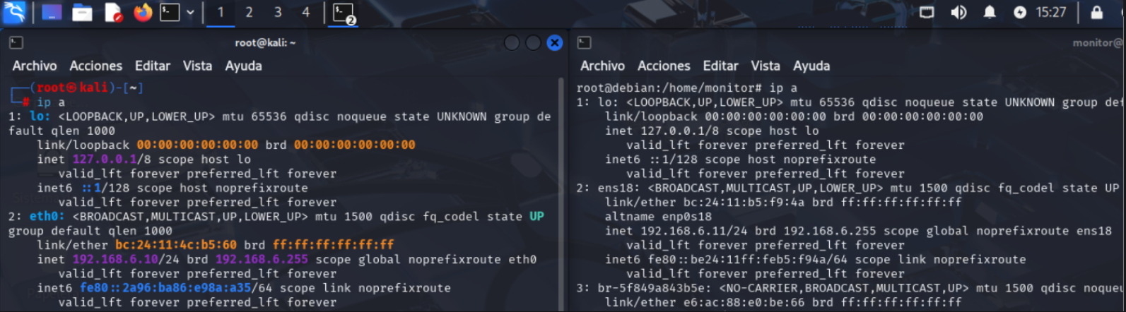 Direcciones IP en Kali y Debian