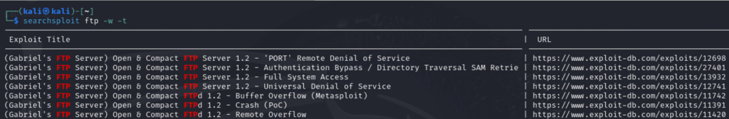 Resultado de búsqueda en SearchSploit sobre FTP