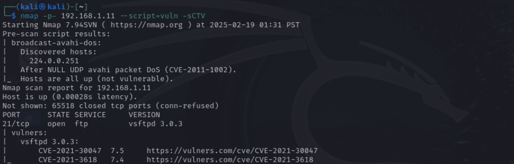 Resultado Nmap NSE con vulnerabilidades vsftpd