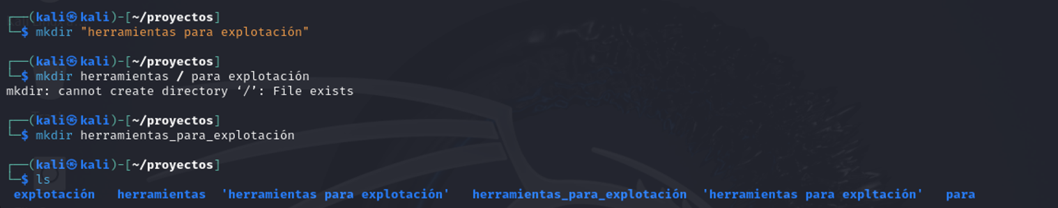 Resultado de crear carpetas con errores de espacio