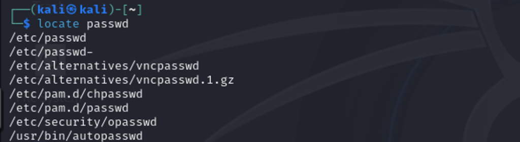 Resultado de locate passwd en Kali Linux